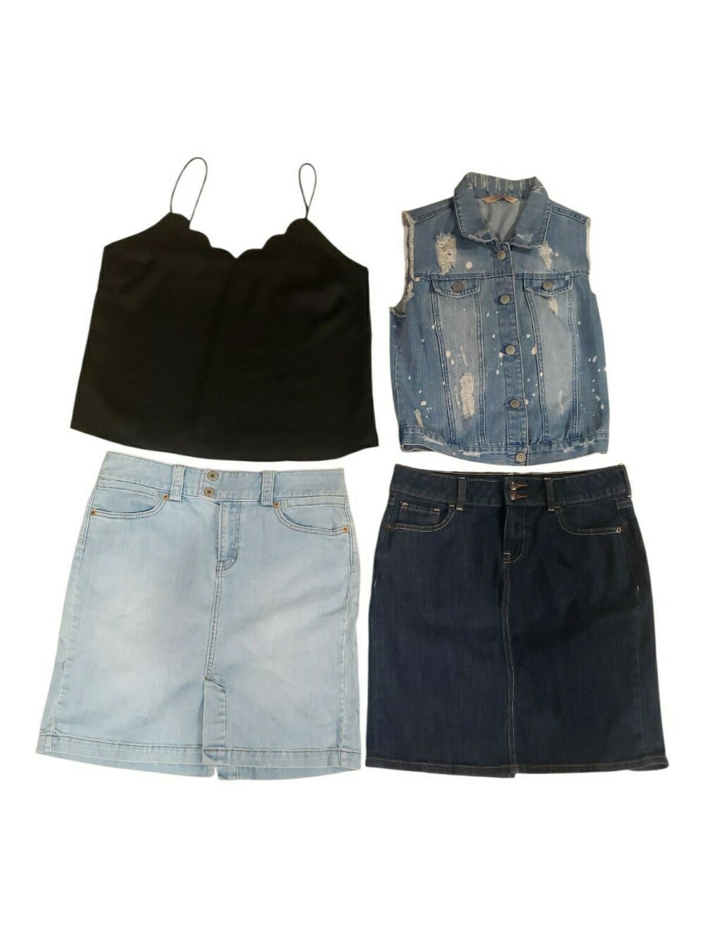 Black Scallop Cami with Light & Dark Denim Skirts + Distressed Denim Vest Bundle